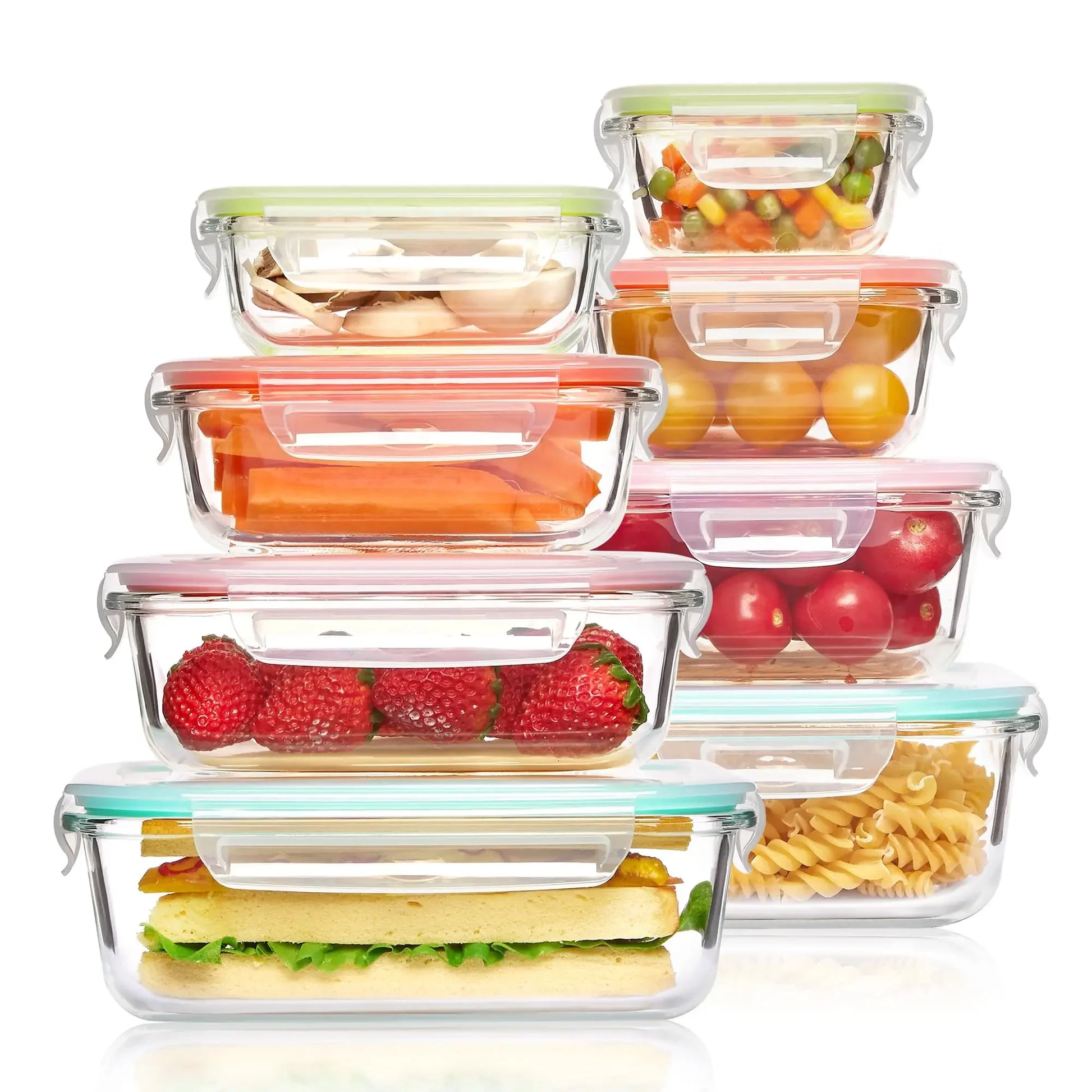 Borosilicate glass meal prep containers with airtight lids, stacked