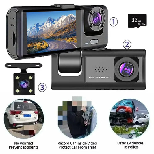 1080P 3-Camera Dash Cam with IR Night Vision, Loop Recording & 2" IPS Screen – Vehicle DVR Recorder