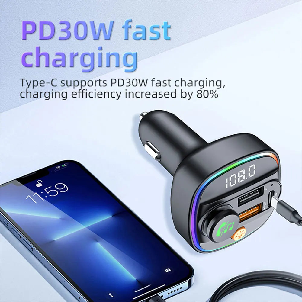 Bluetooth 5.3 FM Transmitter for Car – Hands-Free Calling, AUX Support, MP3 Player & 52.5W PD+QC Fast Charging Adapter