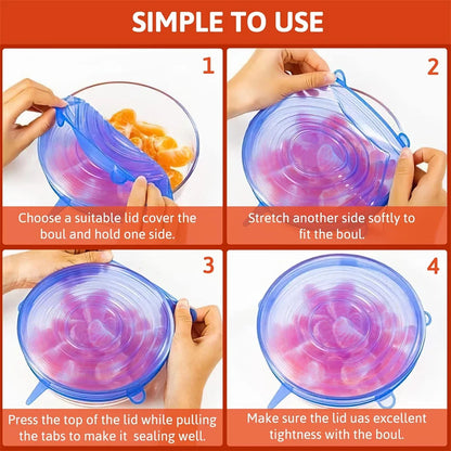Silicone stretch lids on various container sizes