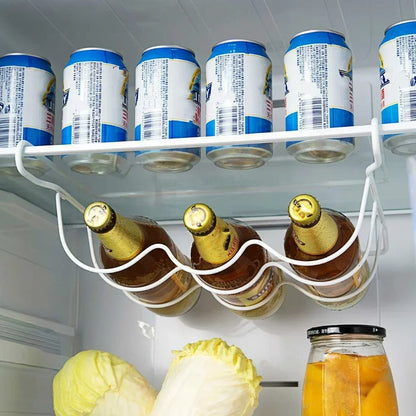 Close-up of rolling bottle holder design on fridge storage rack