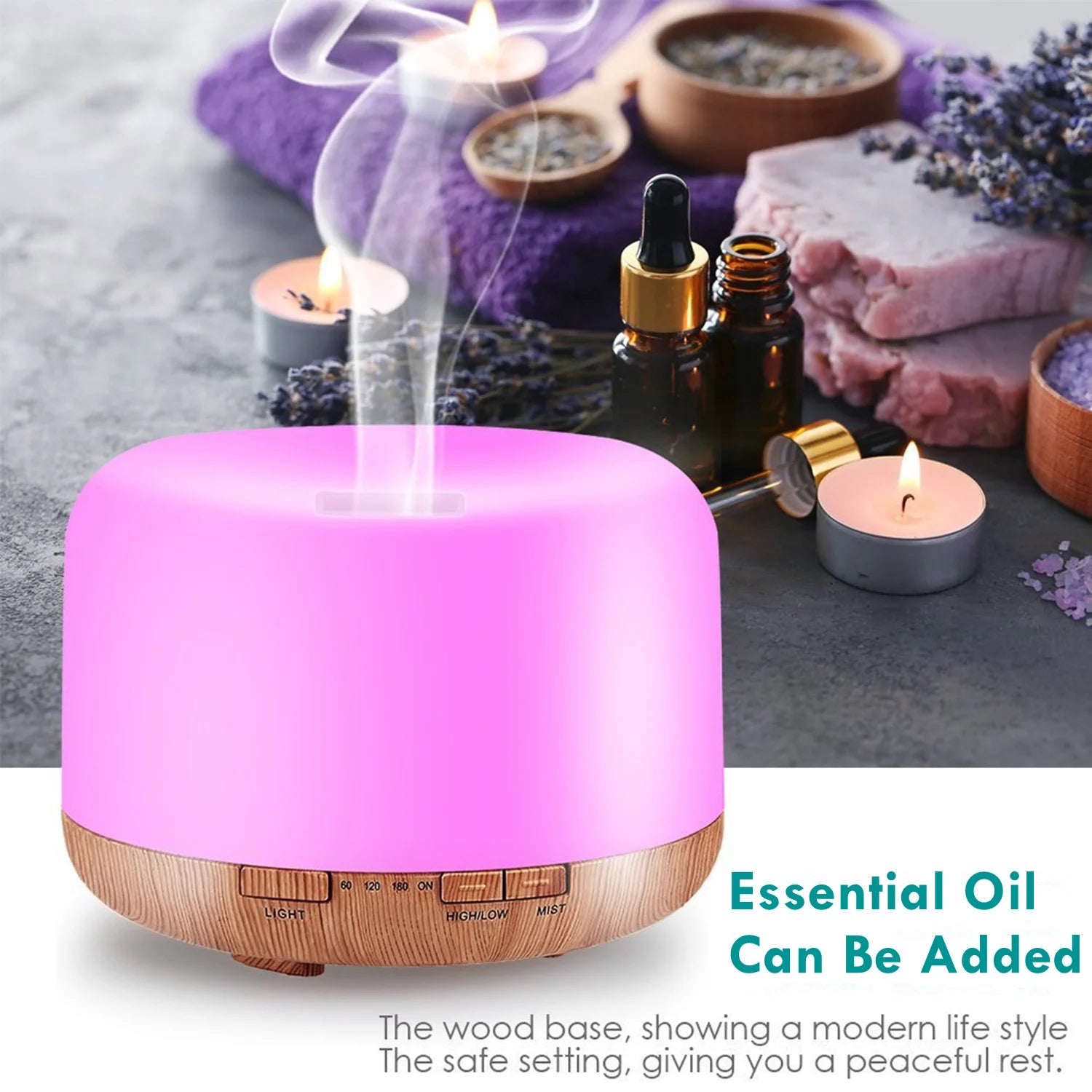 500ML wood grain aroma diffuser styled on a nightstand
