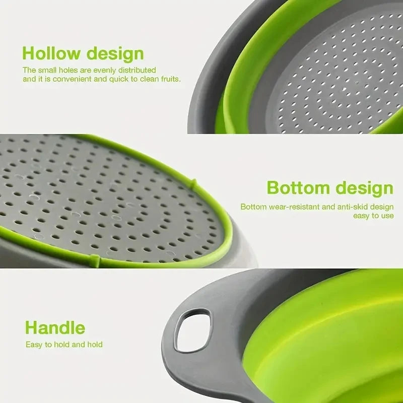 Collapsible silicone colander with folding handle detail