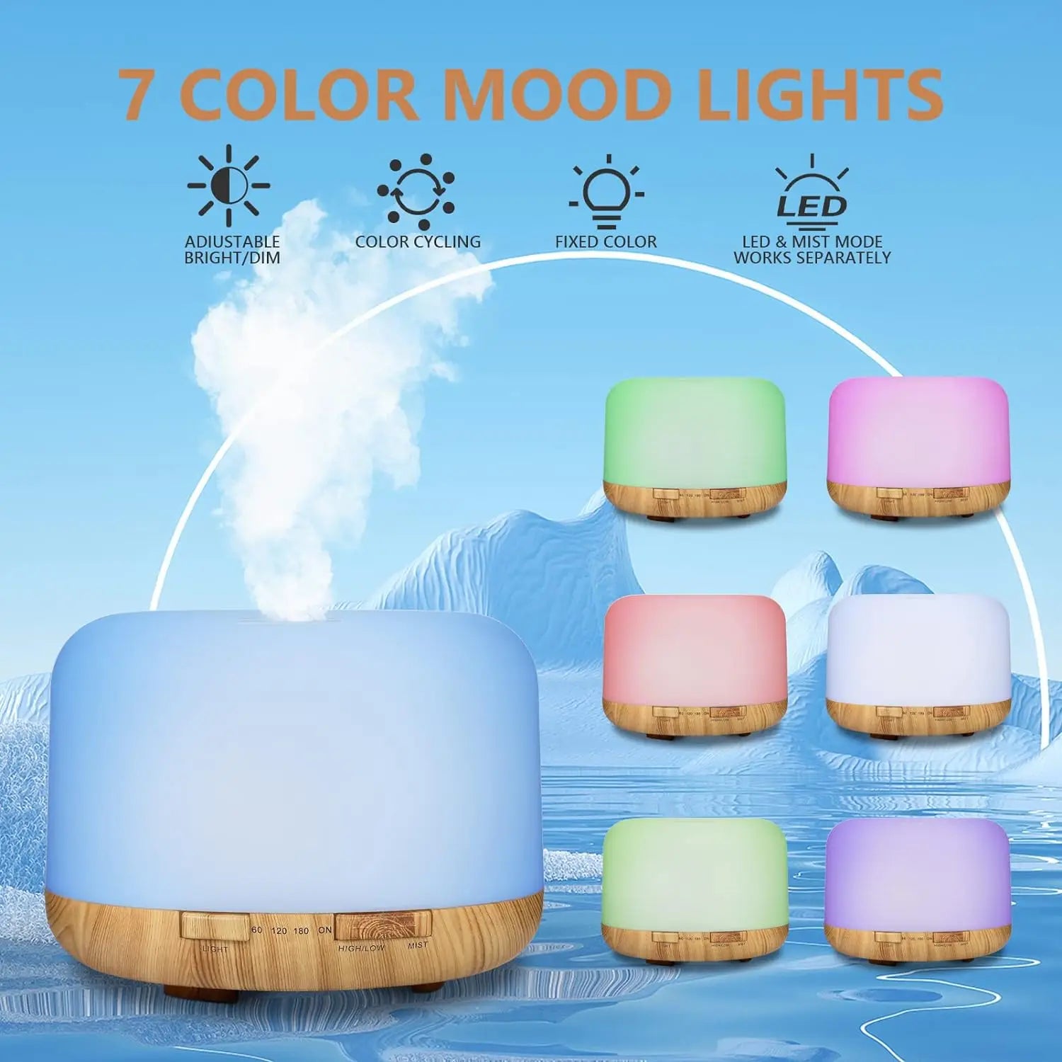 500ML wood grain aroma diffuser, night light glowing