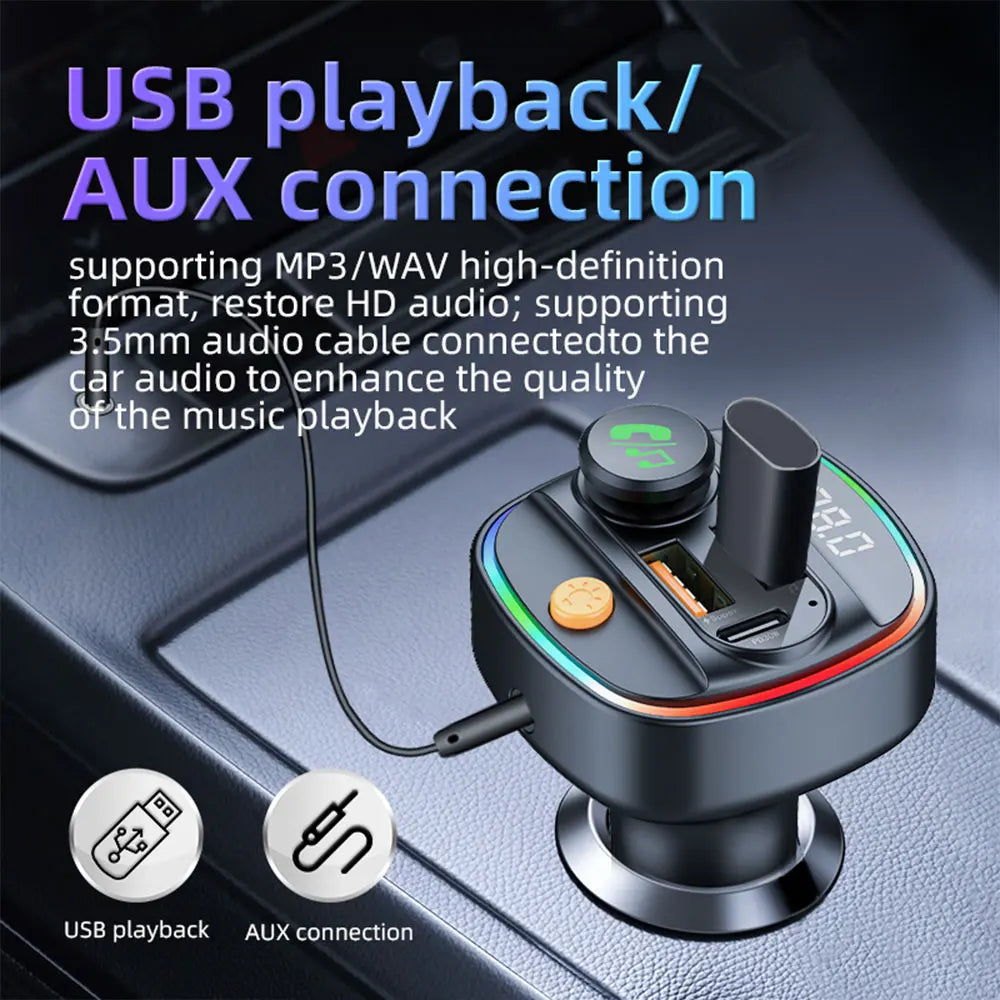 Bluetooth 5.3 FM Transmitter for Car – Hands-Free Calling, AUX Support, MP3 Player & 52.5W PD+QC Fast Charging Adapter