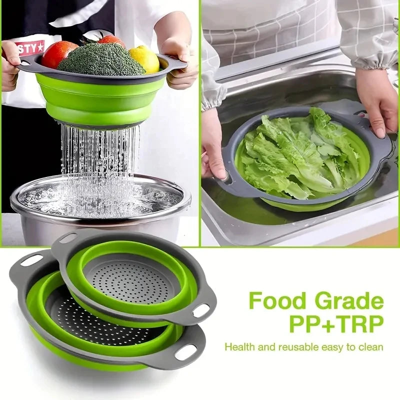 Collapsible silicone colander, folded flat for storage