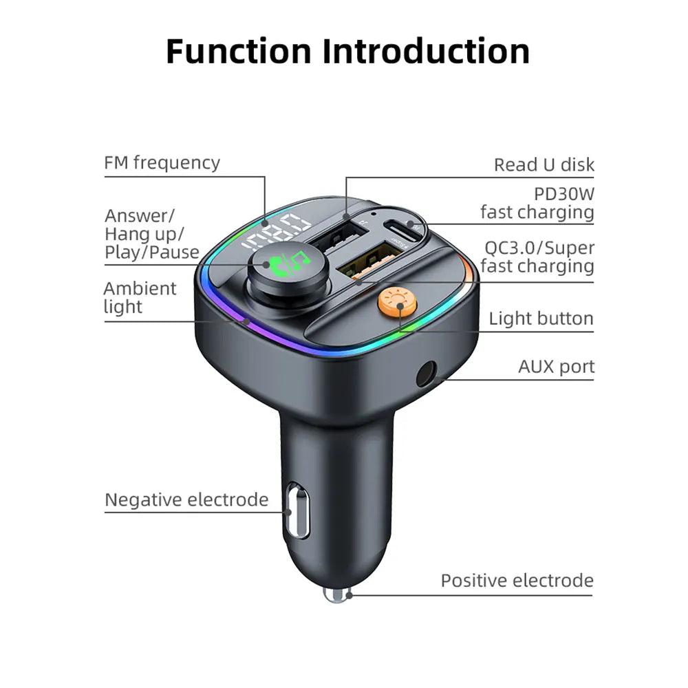Bluetooth 5.3 FM Transmitter for Car – Hands-Free Calling, AUX Support, MP3 Player & 52.5W PD+QC Fast Charging Adapter