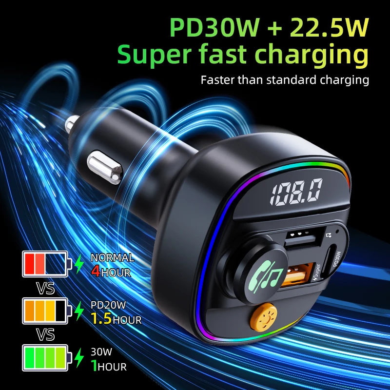 Bluetooth 5.3 FM Transmitter for Car – Hands-Free Calling, AUX Support, MP3 Player & 52.5W PD+QC Fast Charging Adapter