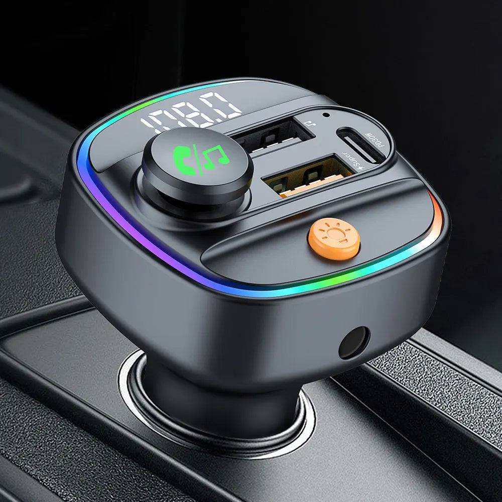Bluetooth 5.3 FM Transmitter for Car – Hands-Free Calling, AUX Support, MP3 Player & 52.5W PD+QC Fast Charging Adapter