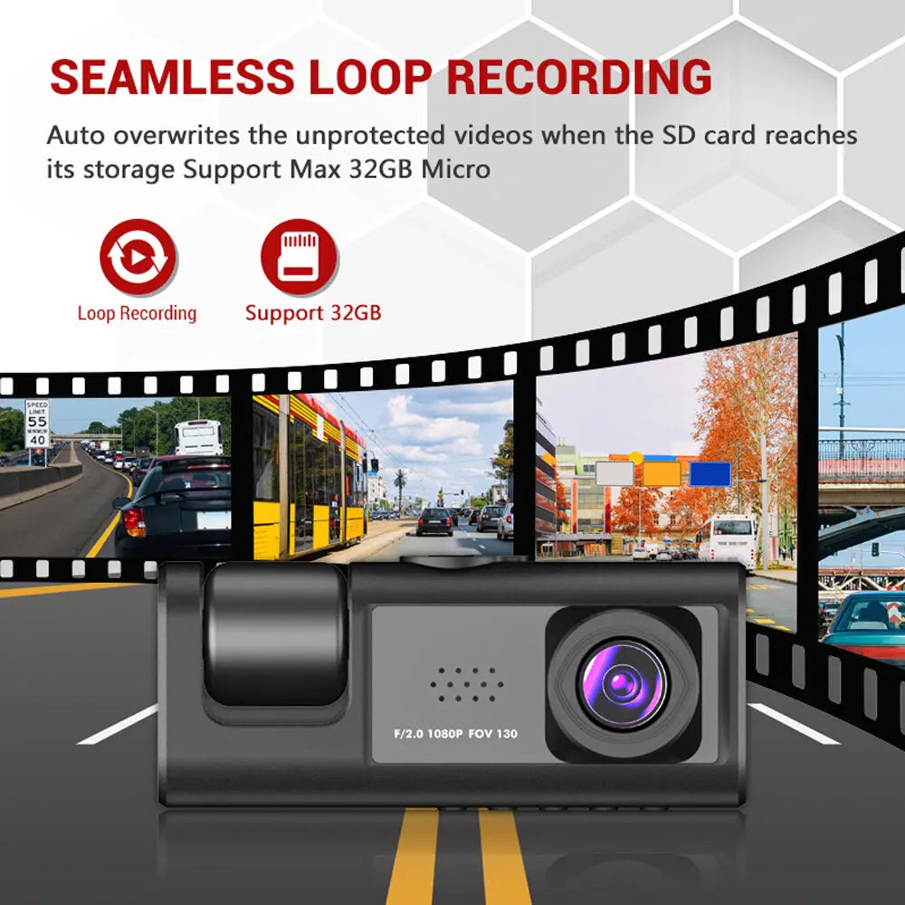 1080P 3-Camera Dash Cam with IR Night Vision, Loop Recording & 2" IPS Screen – Vehicle DVR Recorder