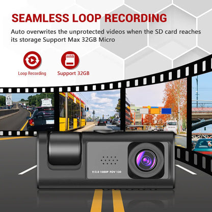 1080P 3-Camera Dash Cam with IR Night Vision, Loop Recording & 2" IPS Screen – Vehicle DVR Recorder