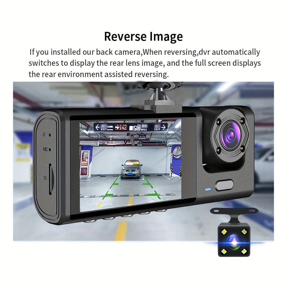 1080P 3-Camera Dash Cam with IR Night Vision, Loop Recording & 2" IPS Screen – Vehicle DVR Recorder